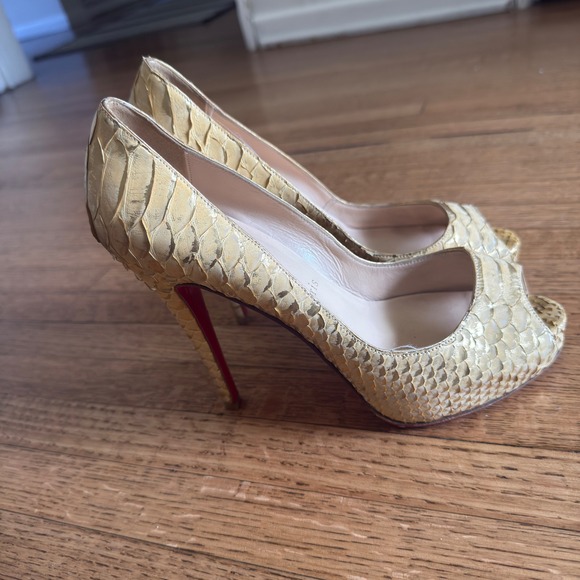 Christian Louboutin Shoes - Christian Louboutin Python Peep Toe Pumps Gold Metallic Red Bottom Heels Size 37